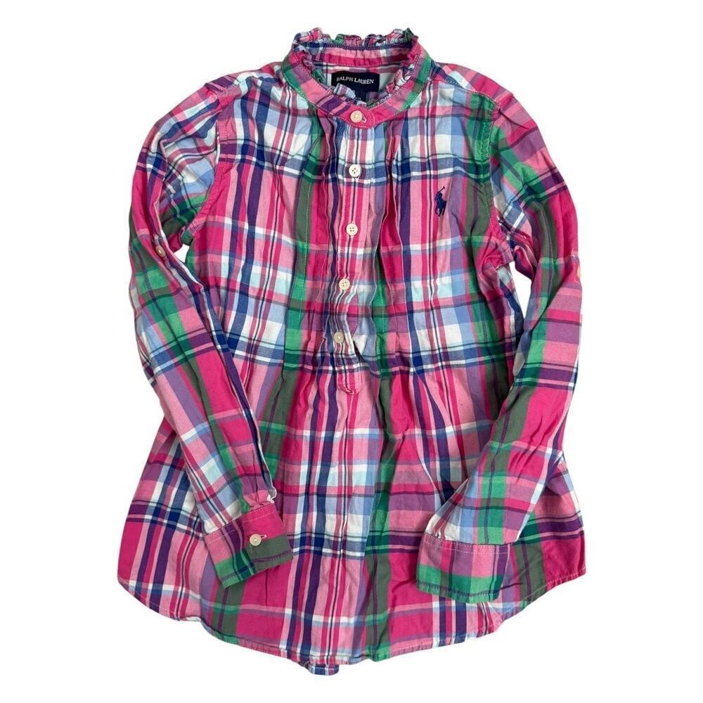 Ralph Lauren Girls 4T Pink Plaid Button Down Tunic Shirt Pony Logo